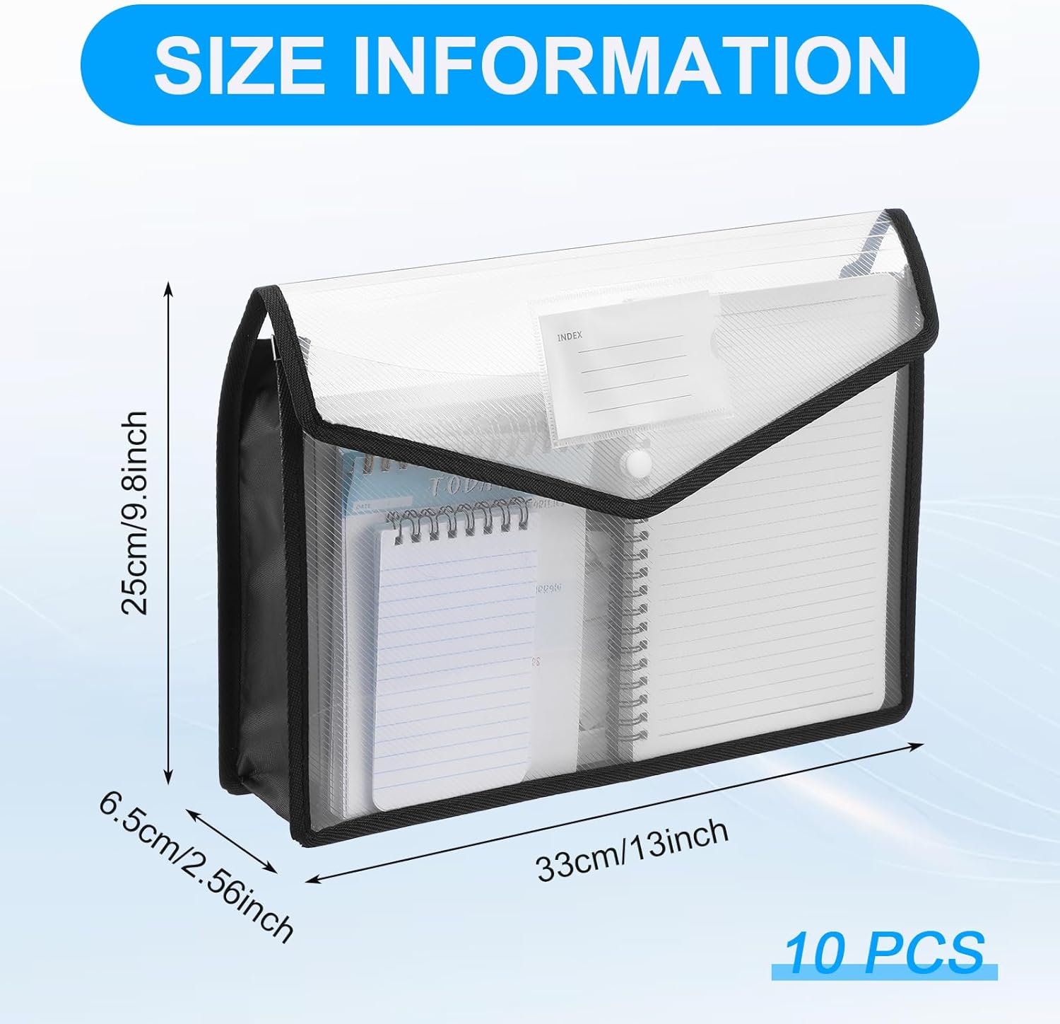 10 Pack Plastic File Folders Portable Expanding File Folder Organizer Documents Envelopes with Snap Closure, A4 Size Waterproof Transparent Pouch with Label for Business Office School