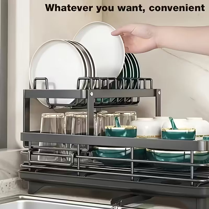 Double-layer Carbon Steel Large Dish Rack with Cutlery, Cup Holder And Drain Board, Space-saving And Durable And Rust-resistant, Suitable for Large Family Gatherings Such As Christmas, Halloween And Black Friday, The First Choice for Gifts