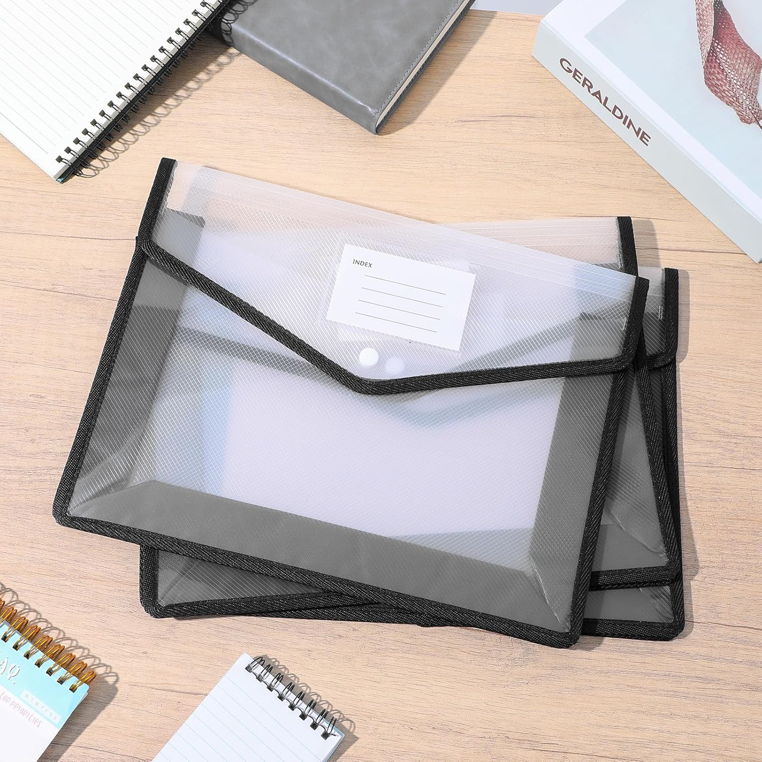 10 Pack Plastic File Folders Portable Expanding File Folder Organizer Documents Envelopes with Snap Closure, A4 Size Waterproof Transparent Pouch with Label for Business Office School