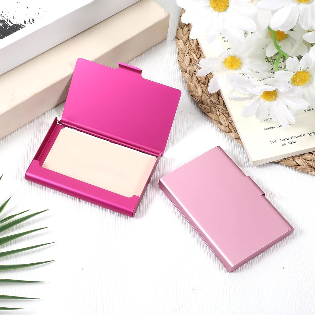 2 Pack Business Card Holder Case, Aluminum Alloy Metal Business Card Case, Slim Flip Cover Professional Name Credit Cards Holder Purse Wallet Pocket Accessory for Men and Women (Pink Rose Red)