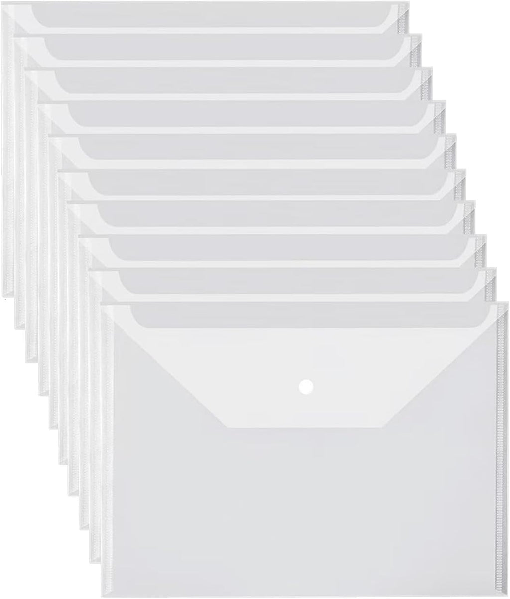 10 Pack Clear Plastic Envelope with Snap Button Closure, Rainforced Folder Document Organizer, A4 Letter Size Envelope File Storage Holder School Office Organization