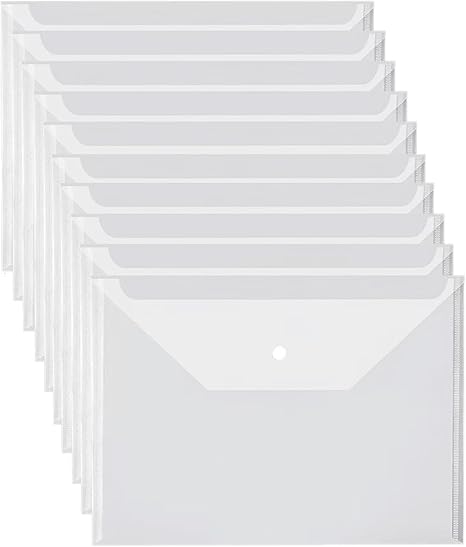 10 Pack Clear Plastic Envelope with Snap Button Closure, Rainforced Folder Document Organizer, A4 Letter Size Envelope File Storage Holder School Office Organization