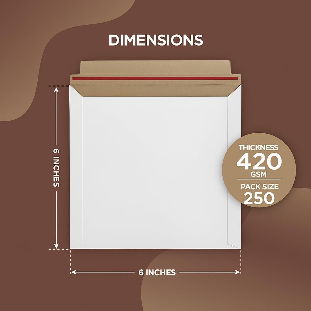 10 Pack 6x6 Inch Rigid Mailers – 420 GSM Self Seal Stay Flat Cardboard Envelopes for CDs, DVDs, Photos, Documents – Tear Strip, Do Not Bend Labels – Square Card Mailers & Shipping Envelopes (White)