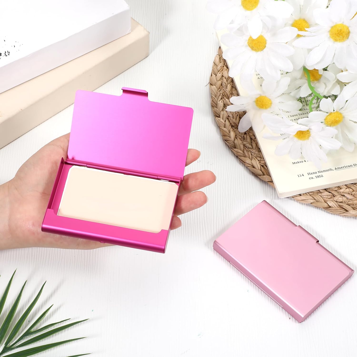 2 Pack Business Card Holder Case, Aluminum Alloy Metal Business Card Case, Slim Flip Cover Professional Name Credit Cards Holder Purse Wallet Pocket Accessory for Men and Women (Pink Rose Red)