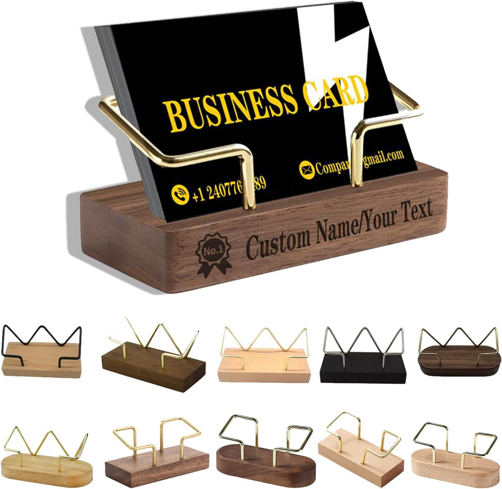 2 Pieces Personalized Business Card Holder Desk Custom Engraved Wooden Business Card Case Holder Custom Wooden Business Name Card Display Stand Postcard Holder for Office Desktop Business Card Stand 0