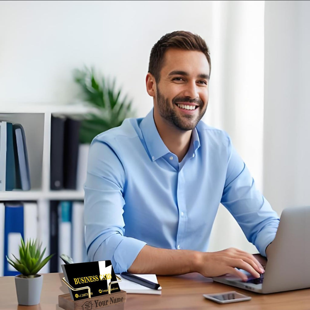 2 Pieces Personalized Business Card Holder Desk Custom Engraved Wooden Business Card Case Holder Custom Wooden Business Name Card Display Stand Postcard Holder for Office Desktop Business Card Stand 0