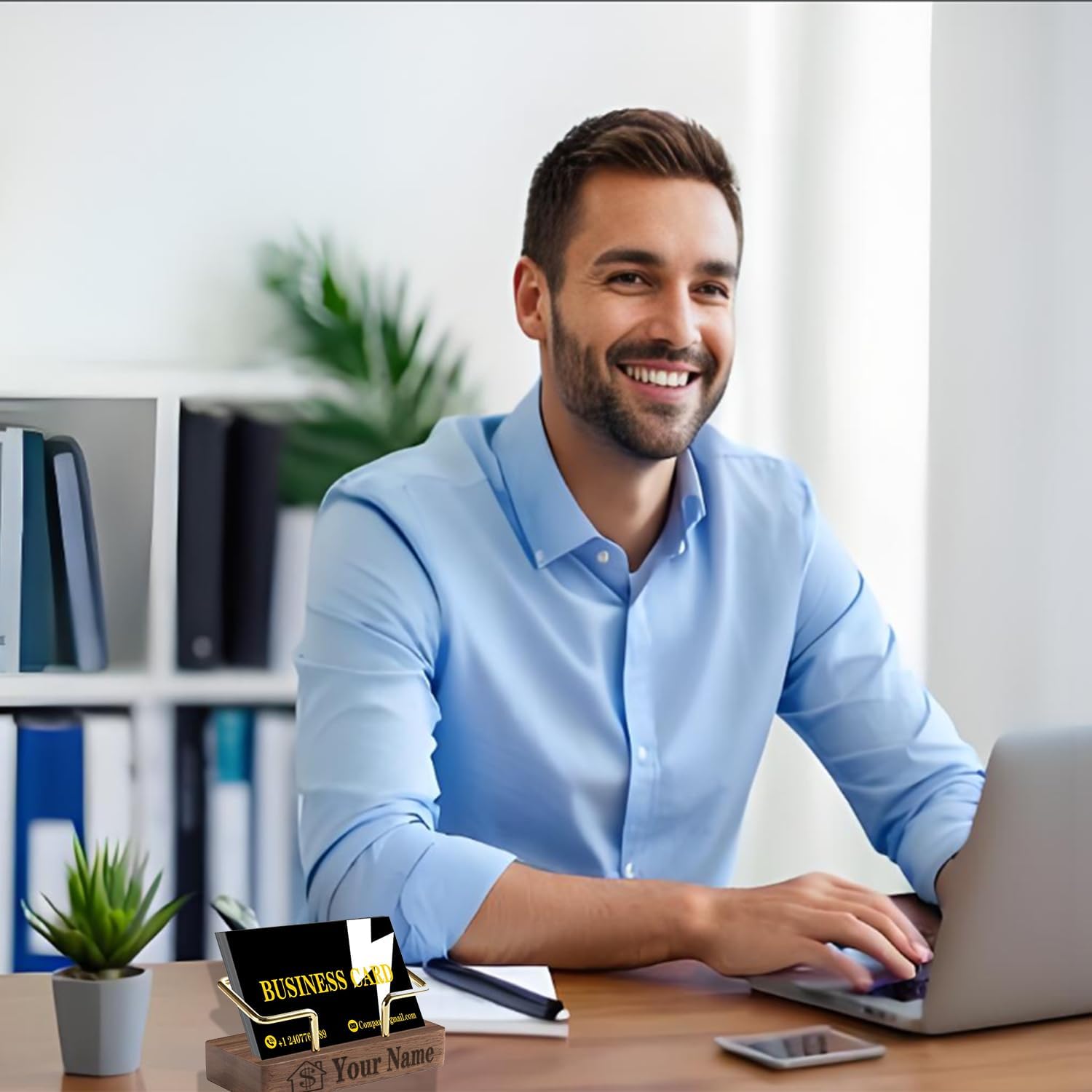 2 Pieces Personalized Business Card Holder Desk Custom Engraved Wooden Business Card Case Holder Custom Wooden Business Name Card Display Stand Postcard Holder for Office Desktop Business Card Stand 0