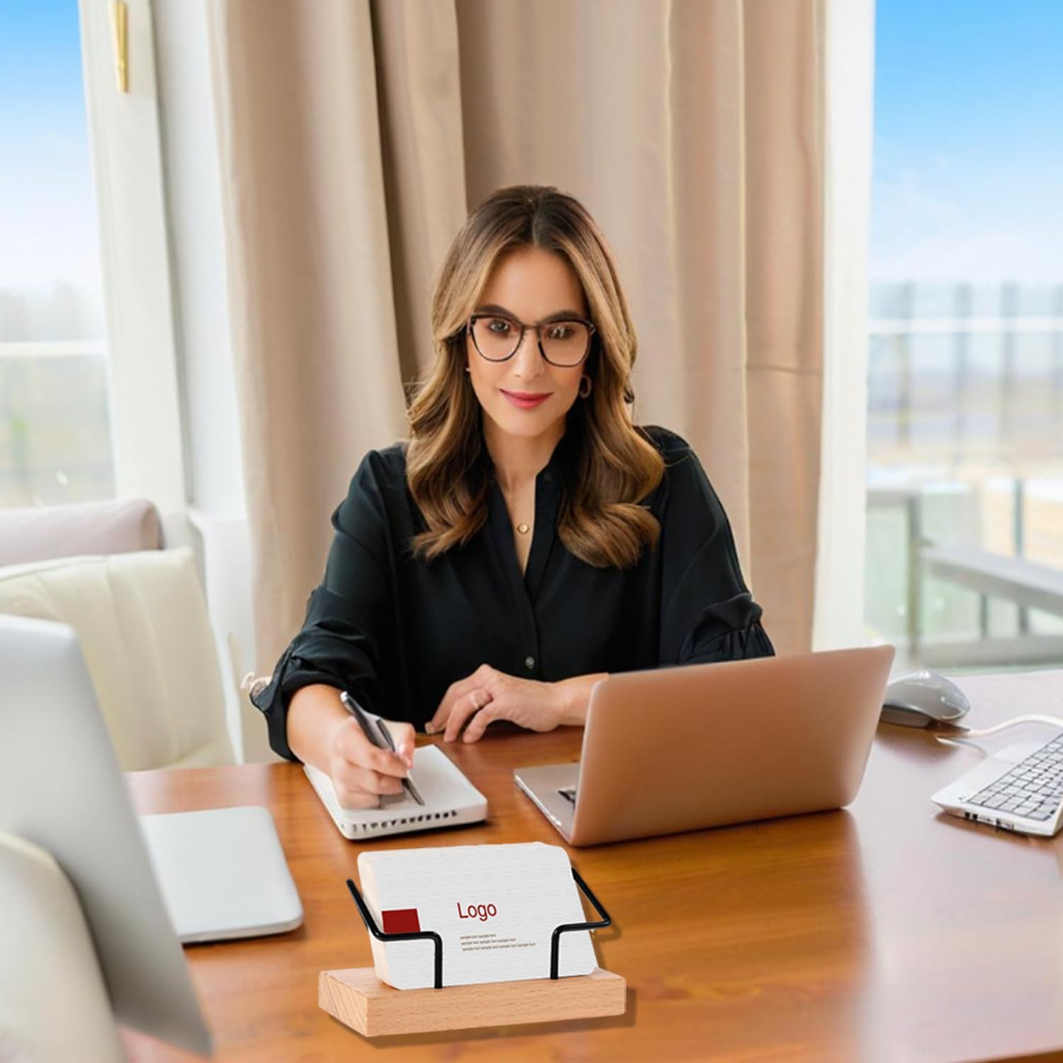 2 Pieces Personalized Business Card Holder Desk Custom Engraved Wooden Business Card Case Holder Custom Wooden Business Name Card Display Stand Postcard Holder for Office Desktop Business Card Stand 0