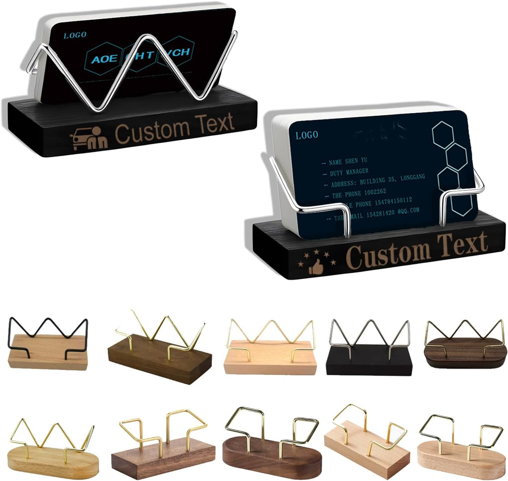 2 Pieces Personalized Business Card Holder Desk Custom Engraved Wooden Business Card Case Holder Custom Wooden Business Name Card Display Stand Postcard Holder for Office Desktop Business Card Stand 0