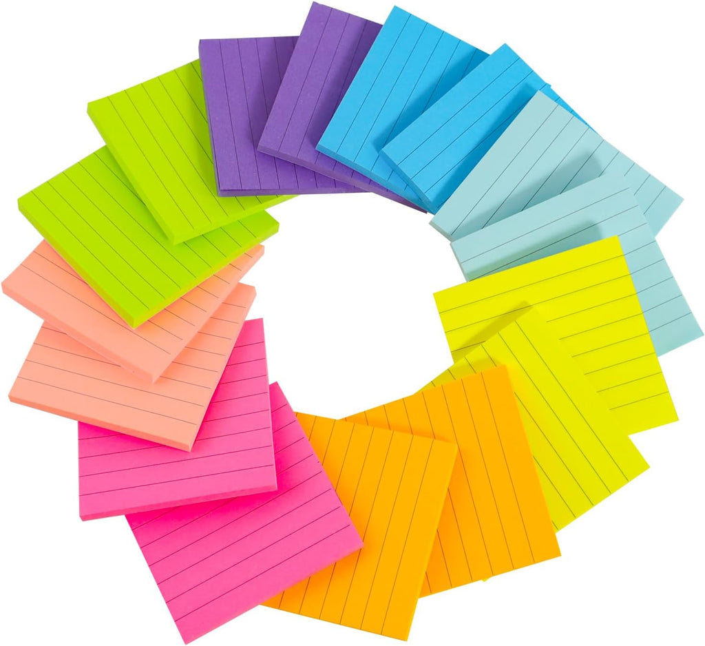 (16 Pads) Lined Sticky Notes 3x3 in Ruled Stickies Super Sticking Power Memo Pads Recyclable, Easy to Post for Home, Office, Notebook (Bright Lined)