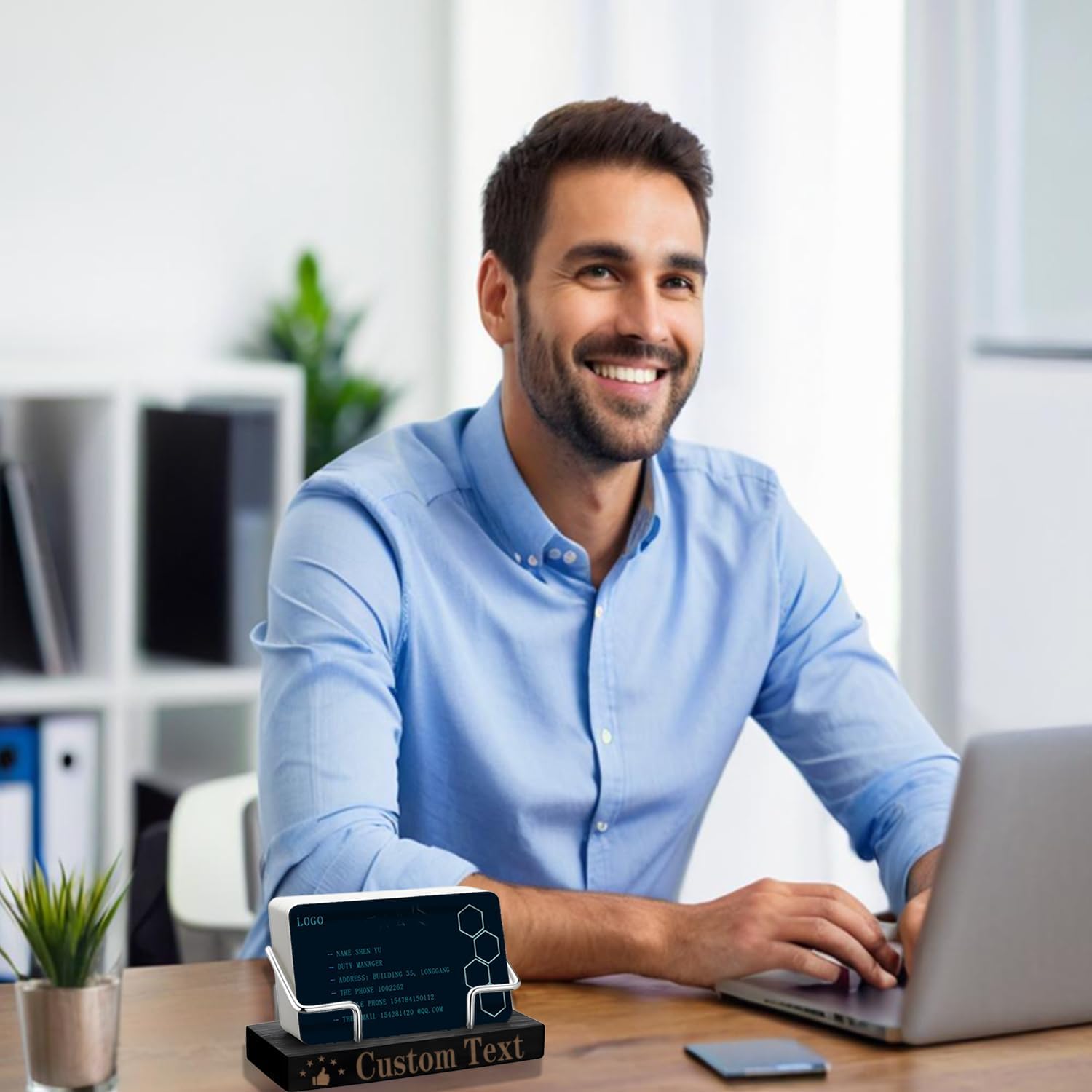 2 Pieces Personalized Business Card Holder Desk Custom Engraved Wooden Business Card Case Holder Custom Wooden Business Name Card Display Stand Postcard Holder for Office Desktop Business Card Stand 0