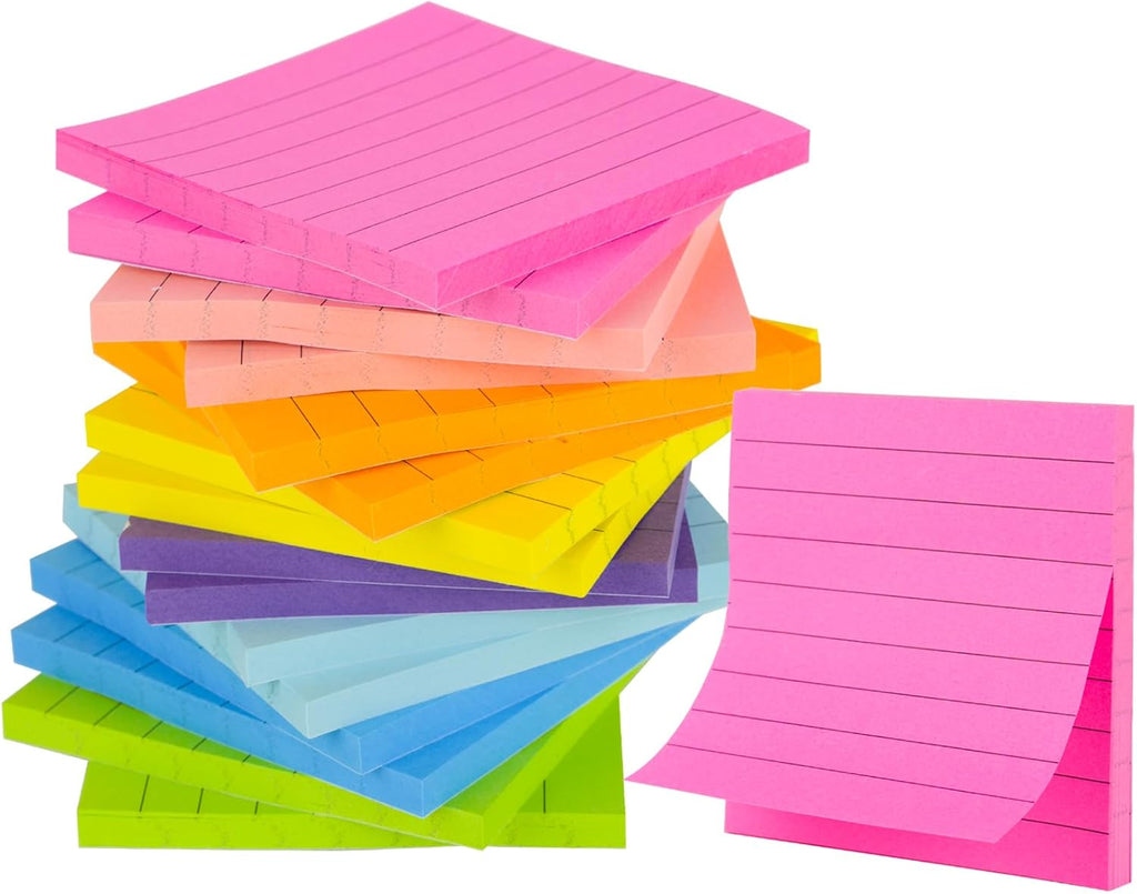 (16 Pads) Lined Sticky Notes 3x3 in Ruled Stickies Super Sticking Power Memo Pads Recyclable, Easy to Post for Home, Office, Notebook (Bright Lined)