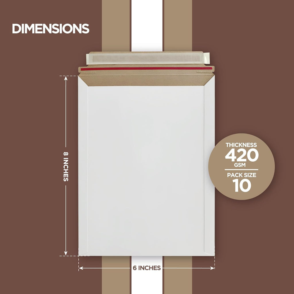 10 Pack 6x6 Inch Rigid Mailers – 420 GSM Self Seal Stay Flat Cardboard Envelopes for CDs, DVDs, Photos, Documents – Tear Strip, Do Not Bend Labels – Square Card Mailers & Shipping Envelopes (White)