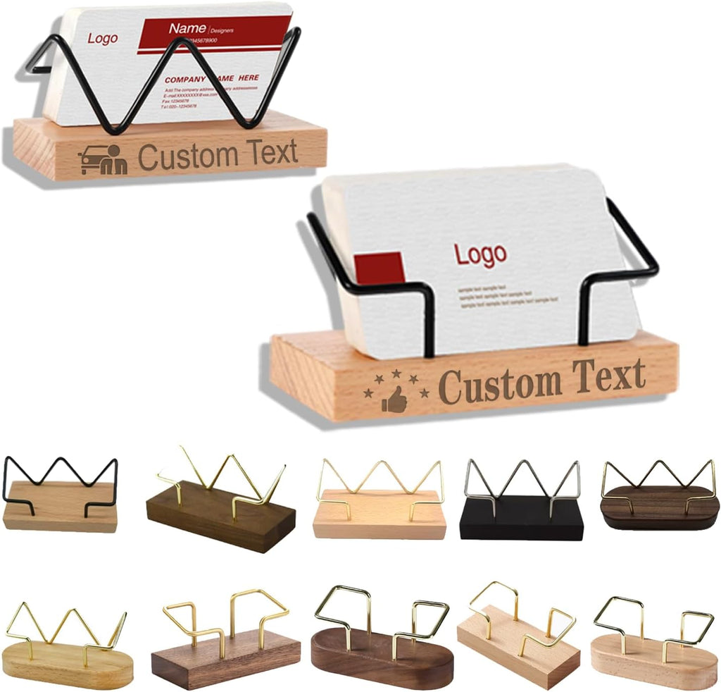 2 Pieces Personalized Business Card Holder Desk Custom Engraved Wooden Business Card Case Holder Custom Wooden Business Name Card Display Stand Postcard Holder for Office Desktop Business Card Stand 0