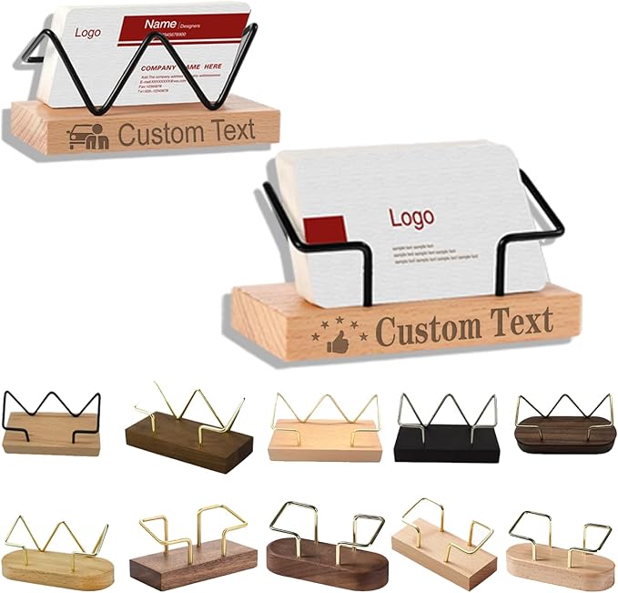 2 Pieces Personalized Business Card Holder Desk Custom Engraved Wooden Business Card Case Holder Custom Wooden Business Name Card Display Stand Postcard Holder for Office Desktop Business Card Stand 0