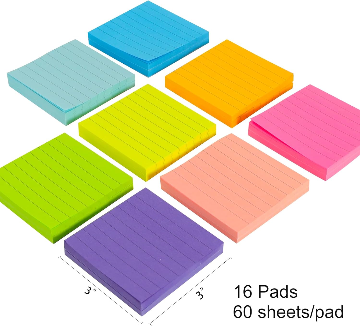 (16 Pads) Lined Sticky Notes 3x3 in Ruled Stickies Super Sticking Power Memo Pads Recyclable, Easy to Post for Home, Office, Notebook (Bright Lined)