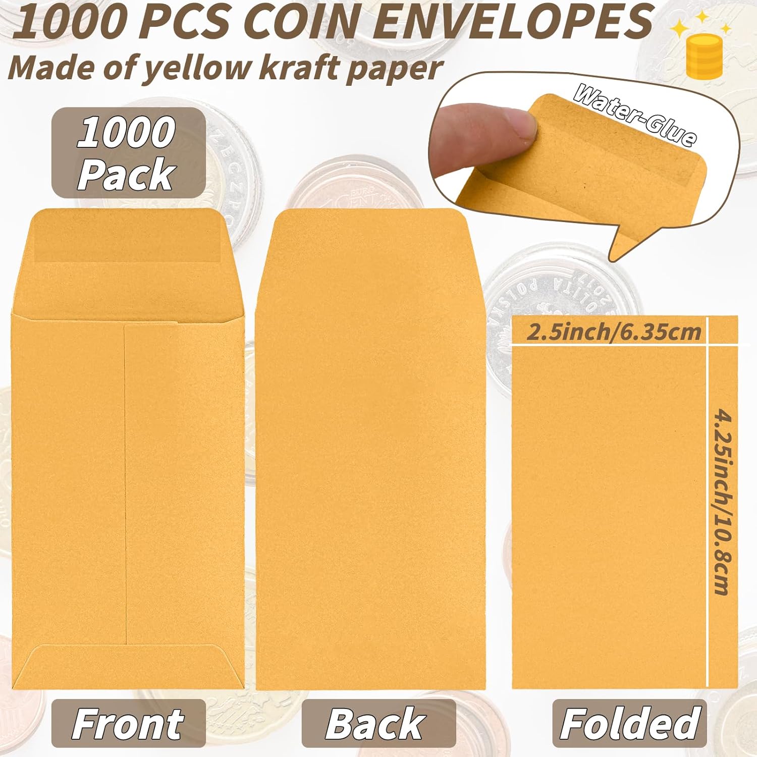 1000 Pack Small Coin Envelope 4.25x 2.5in Gold Kraft Money Envelope Small Cash Envelopes Mini Key Envelopes with Gummed Flap for Home and Office Use