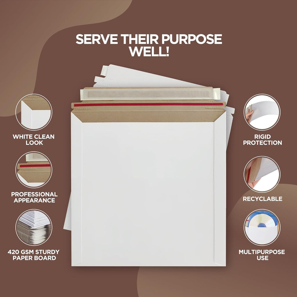 10 Pack 6x6 Inch Rigid Mailers – 420 GSM Self Seal Stay Flat Cardboard Envelopes for CDs, DVDs, Photos, Documents – Tear Strip, Do Not Bend Labels – Square Card Mailers & Shipping Envelopes (White)