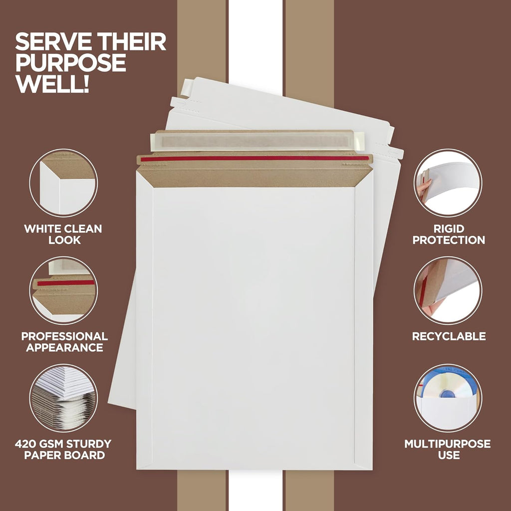 10 Pack 6x6 Inch Rigid Mailers – 420 GSM Self Seal Stay Flat Cardboard Envelopes for CDs, DVDs, Photos, Documents – Tear Strip, Do Not Bend Labels – Square Card Mailers & Shipping Envelopes (White)