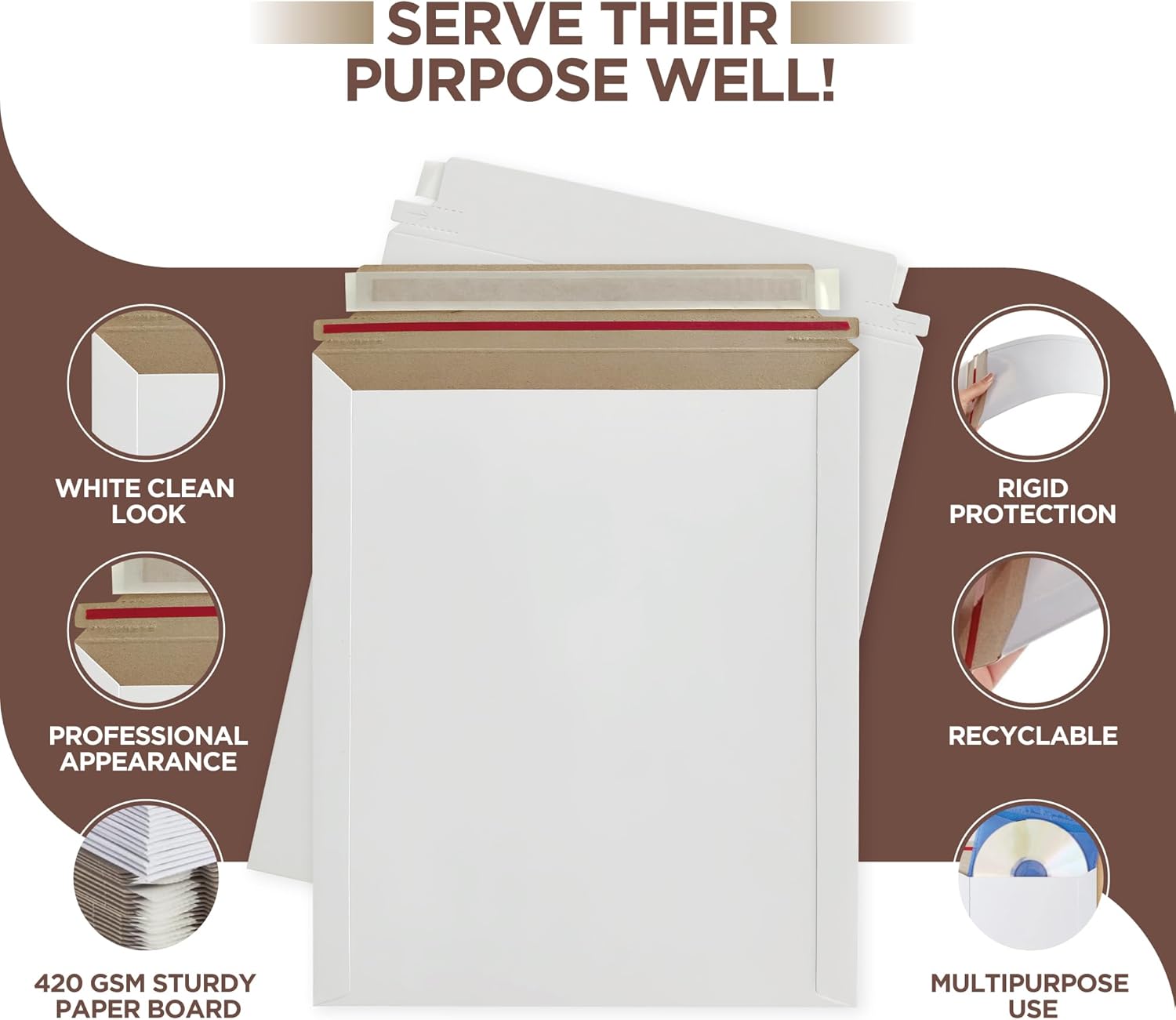 10 Pack 6x6 Inch Rigid Mailers – 420 GSM Self Seal Stay Flat Cardboard Envelopes for CDs, DVDs, Photos, Documents – Tear Strip, Do Not Bend Labels – Square Card Mailers & Shipping Envelopes (White)