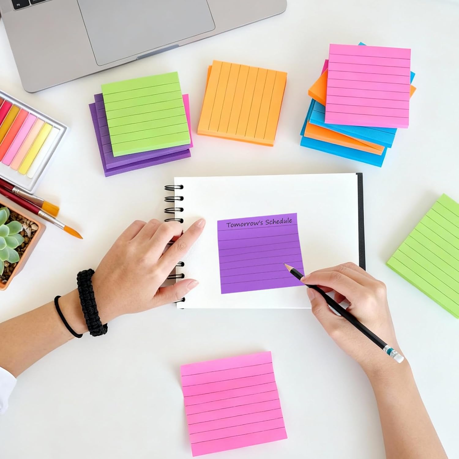 (16 Pads) Lined Sticky Notes 3x3 in Ruled Stickies Super Sticking Power Memo Pads Recyclable, Easy to Post for Home, Office, Notebook (Bright Lined)