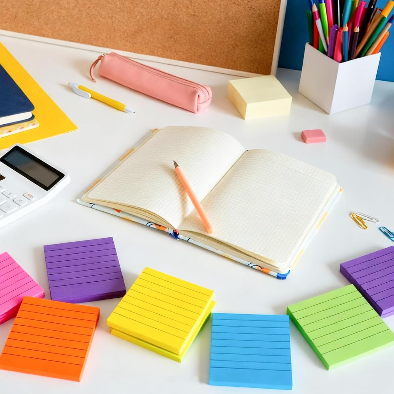 (16 Pads) Lined Sticky Notes 3x3 in Ruled Stickies Super Sticking Power Memo Pads Recyclable, Easy to Post for Home, Office, Notebook (Bright Lined)