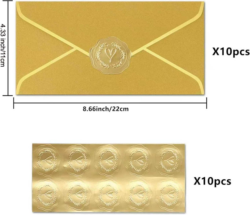 10 Pcs Invitation Envelopes,Gold Envelopes,Cash Envelopes,With Gold Stickers For Teacher's Day, Invitation，Greeting Cards，Letter Mailing(8.66 X 4.33 Inches)