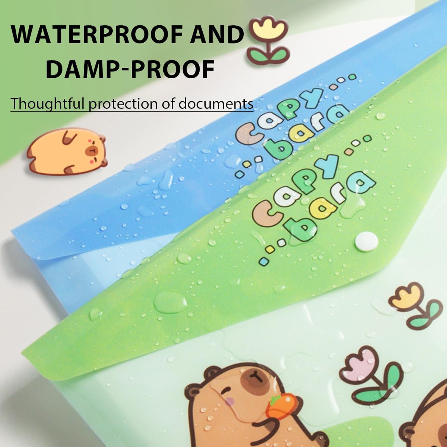10 PCS Capybara Plastic Folders for Document, A4,Letter Size File Envelopes with Snap Closure, Decorative File Folders Cute File Folder with Name Tags Sticker Capybara Stickers for School Office