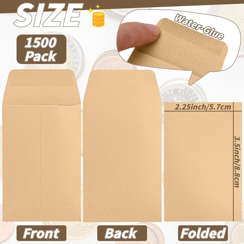 1000 Pack Small Coin Envelope 4.25x 2.5in Gold Kraft Money Envelope Small Cash Envelopes Mini Key Envelopes with Gummed Flap for Home and Office Use