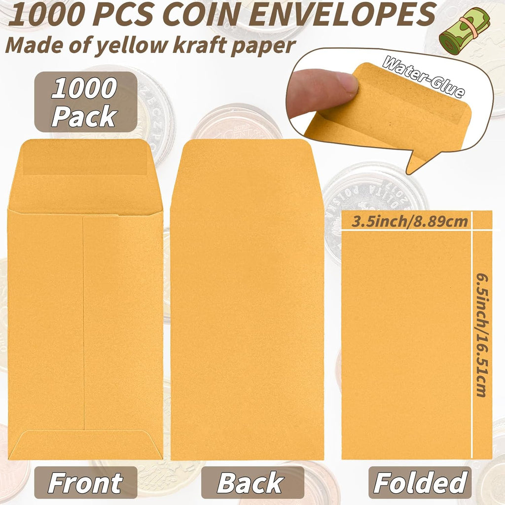 1000 Pack Small Coin Envelope 4.25x 2.5in Gold Kraft Money Envelope Small Cash Envelopes Mini Key Envelopes with Gummed Flap for Home and Office Use
