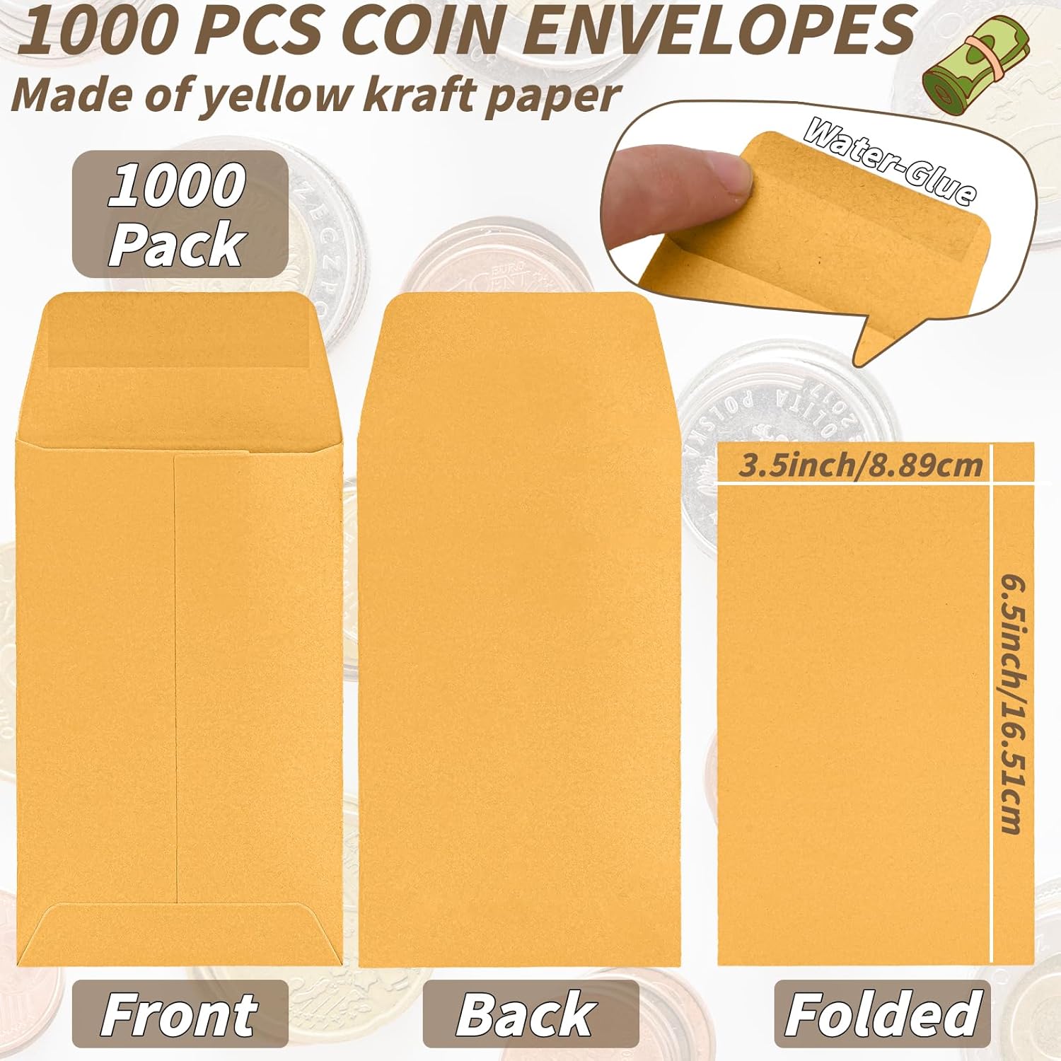 1000 Pack Small Coin Envelope 4.25x 2.5in Gold Kraft Money Envelope Small Cash Envelopes Mini Key Envelopes with Gummed Flap for Home and Office Use