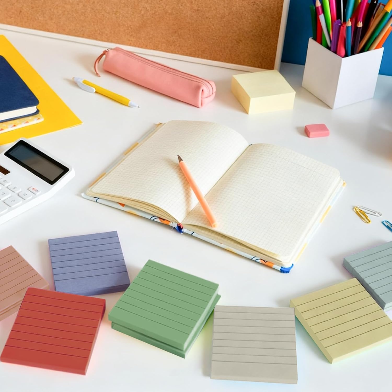(16 Pads) Lined Sticky Notes 3x3 in Ruled Stickies Super Sticking Power Memo Pads Recyclable, Easy to Post for Home, Office, Notebook (Bright Lined)