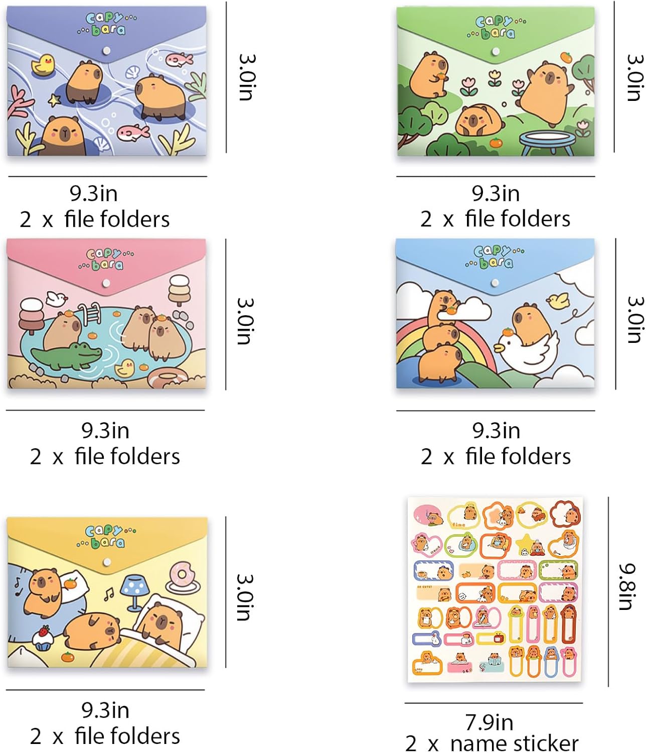 10 PCS Capybara Plastic Folders for Document, A4,Letter Size File Envelopes with Snap Closure, Decorative File Folders Cute File Folder with Name Tags Sticker Capybara Stickers for School Office