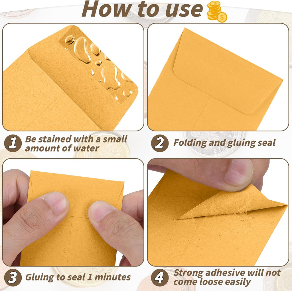 1000 Pack Small Coin Envelope 4.25x 2.5in Gold Kraft Money Envelope Small Cash Envelopes Mini Key Envelopes with Gummed Flap for Home and Office Use