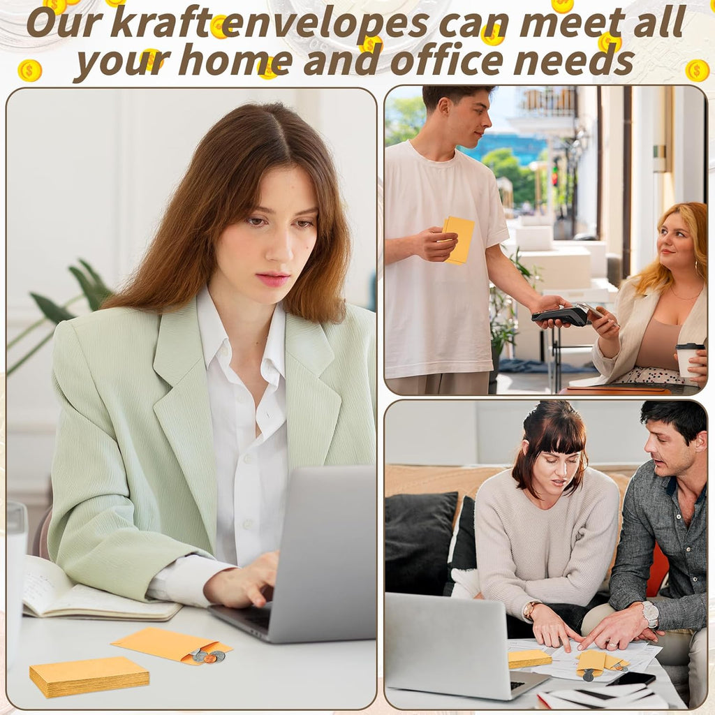 1000 Pack Small Coin Envelope 4.25x 2.5in Gold Kraft Money Envelope Small Cash Envelopes Mini Key Envelopes with Gummed Flap for Home and Office Use