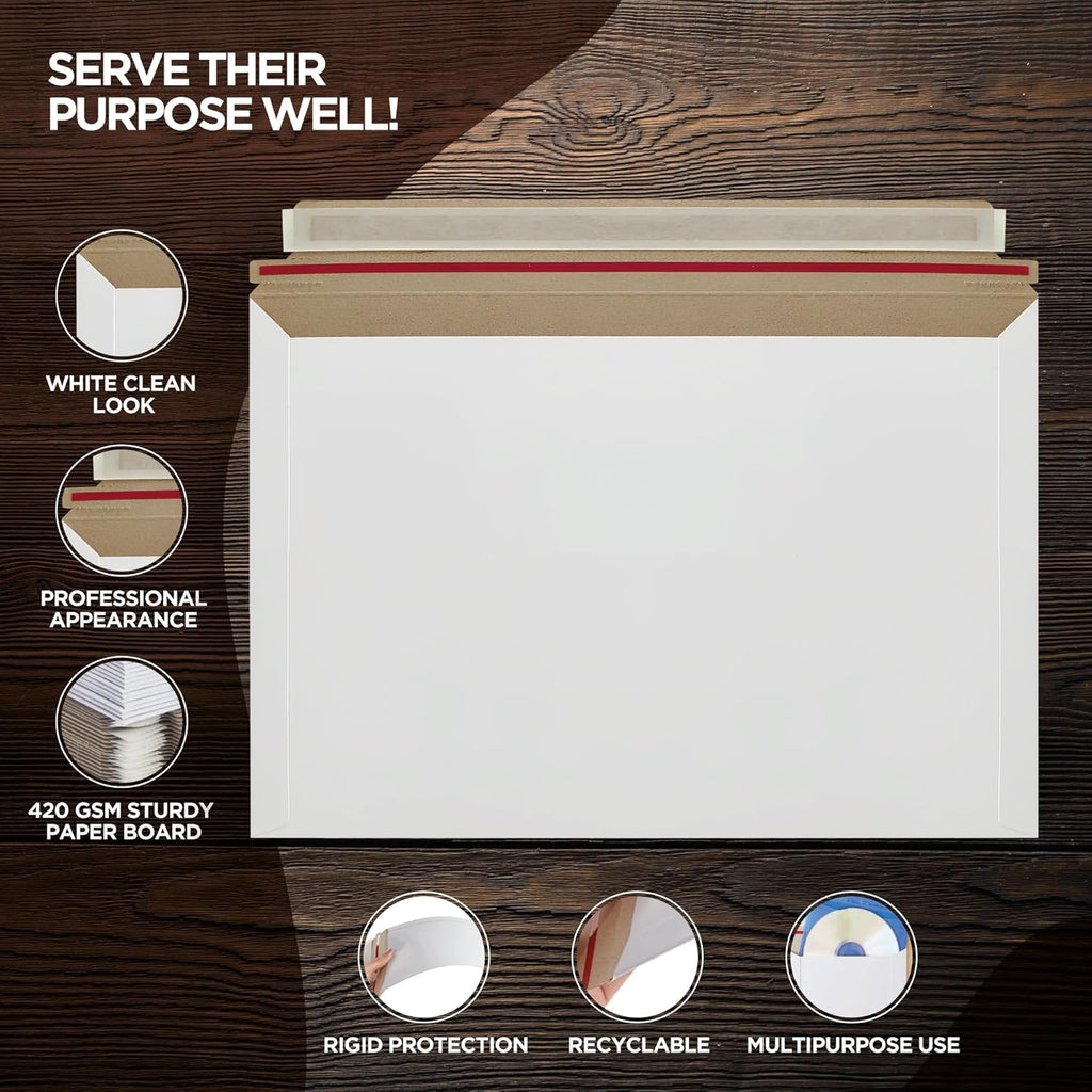10 Pack 6x6 Inch Rigid Mailers – 420 GSM Self Seal Stay Flat Cardboard Envelopes for CDs, DVDs, Photos, Documents – Tear Strip, Do Not Bend Labels – Square Card Mailers & Shipping Envelopes (White)