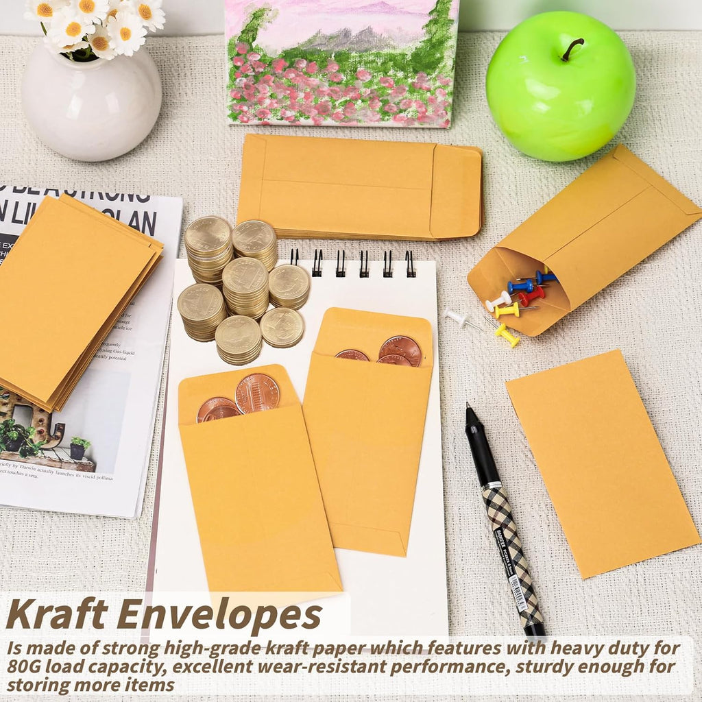 1000 Pack Small Coin Envelope 4.25x 2.5in Gold Kraft Money Envelope Small Cash Envelopes Mini Key Envelopes with Gummed Flap for Home and Office Use