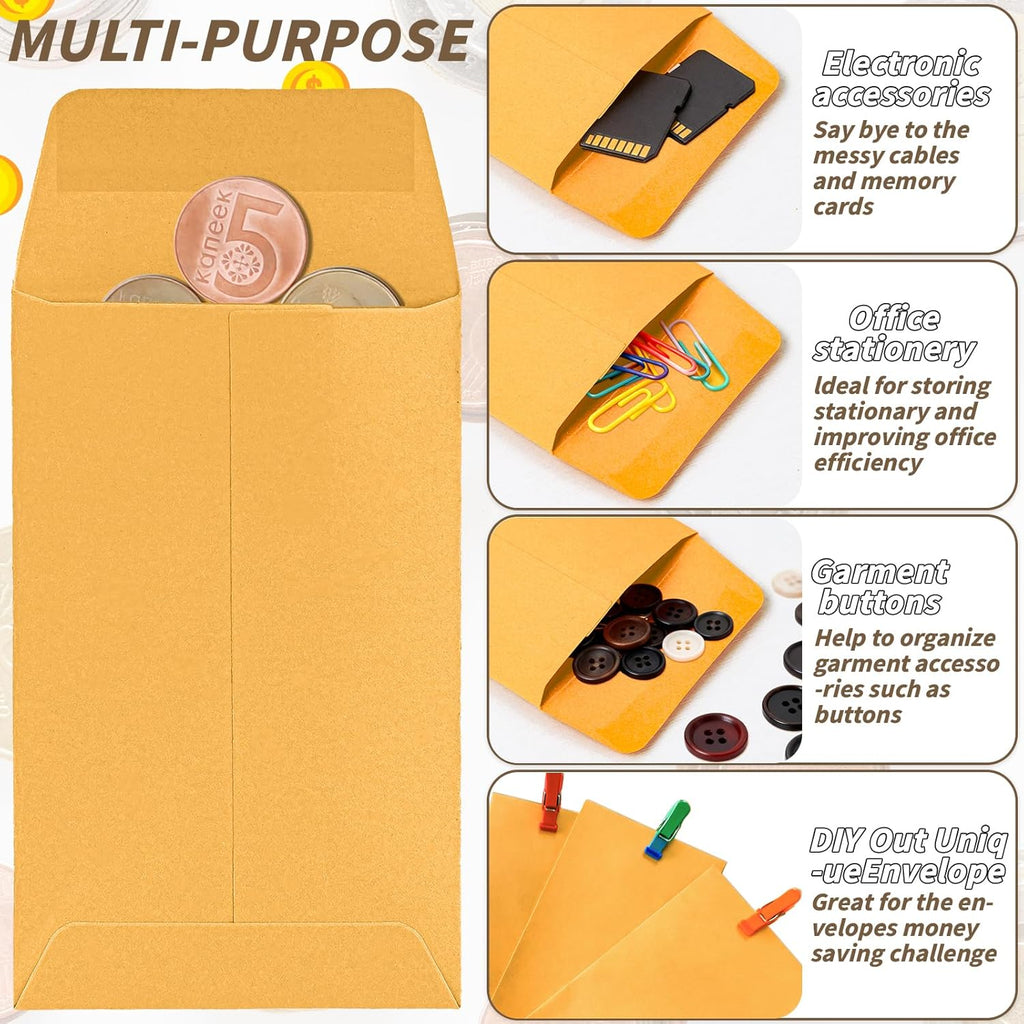 1000 Pack Small Coin Envelope 4.25x 2.5in Gold Kraft Money Envelope Small Cash Envelopes Mini Key Envelopes with Gummed Flap for Home and Office Use
