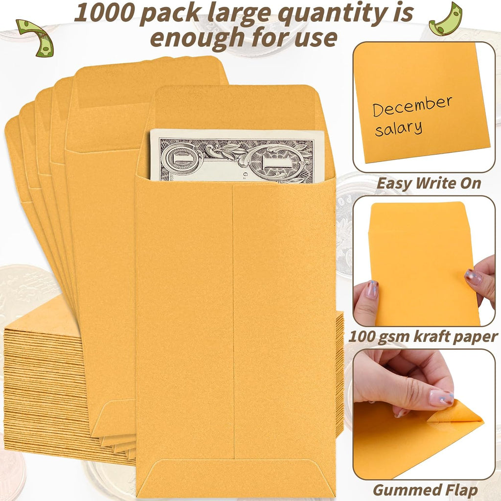 1000 Pack Small Coin Envelope 4.25x 2.5in Gold Kraft Money Envelope Small Cash Envelopes Mini Key Envelopes with Gummed Flap for Home and Office Use