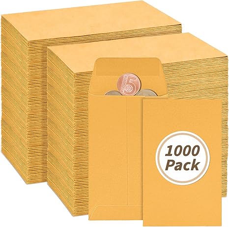 1000 Pack Small Coin Envelope 4.25x 2.5in Gold Kraft Money Envelope Small Cash Envelopes Mini Key Envelopes with Gummed Flap for Home and Office Use