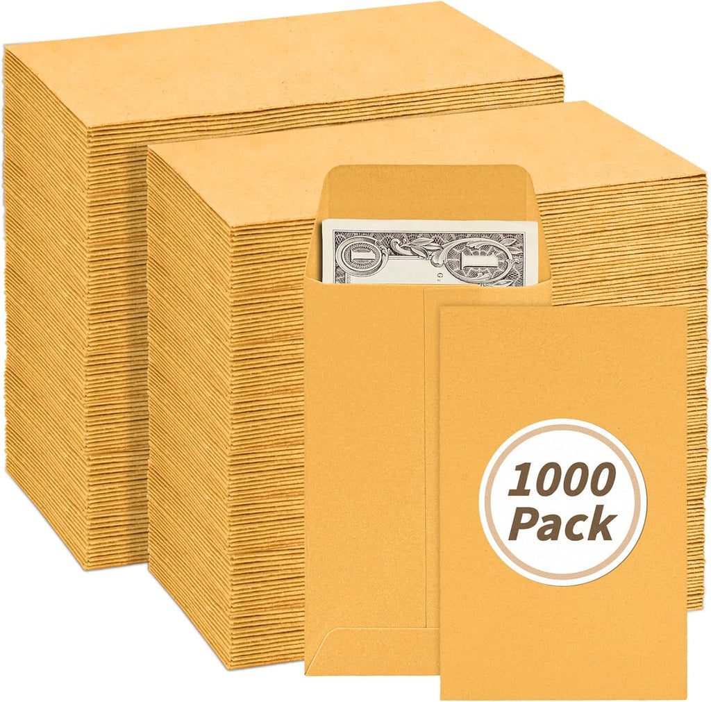 1000 Pack Small Coin Envelope 4.25x 2.5in Gold Kraft Money Envelope Small Cash Envelopes Mini Key Envelopes with Gummed Flap for Home and Office Use