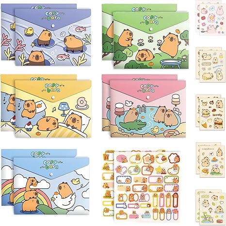 10 PCS Capybara Plastic Folders for Document, A4,Letter Size File Envelopes with Snap Closure, Decorative File Folders Cute File Folder with Name Tags Sticker Capybara Stickers for School Office