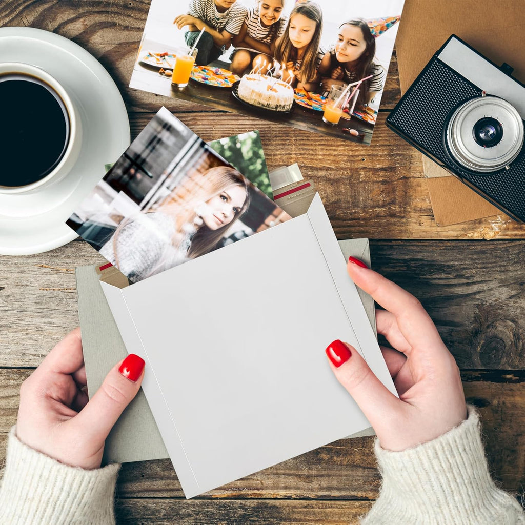 10 Pack 6x6 Inch Rigid Mailers – 420 GSM Self Seal Stay Flat Cardboard Envelopes for CDs, DVDs, Photos, Documents – Tear Strip, Do Not Bend Labels – Square Card Mailers & Shipping Envelopes (White)