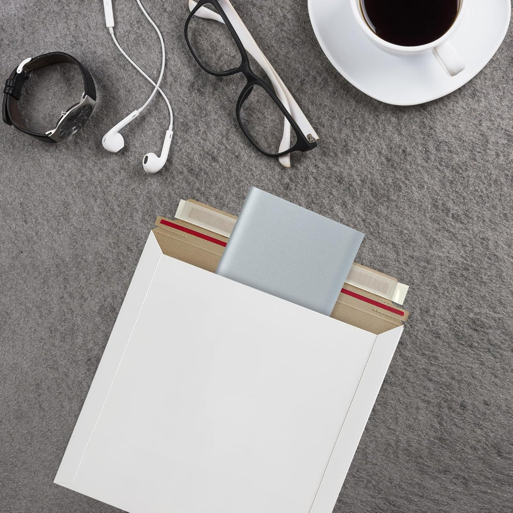 10 Pack 6x6 Inch Rigid Mailers – 420 GSM Self Seal Stay Flat Cardboard Envelopes for CDs, DVDs, Photos, Documents – Tear Strip, Do Not Bend Labels – Square Card Mailers & Shipping Envelopes (White)